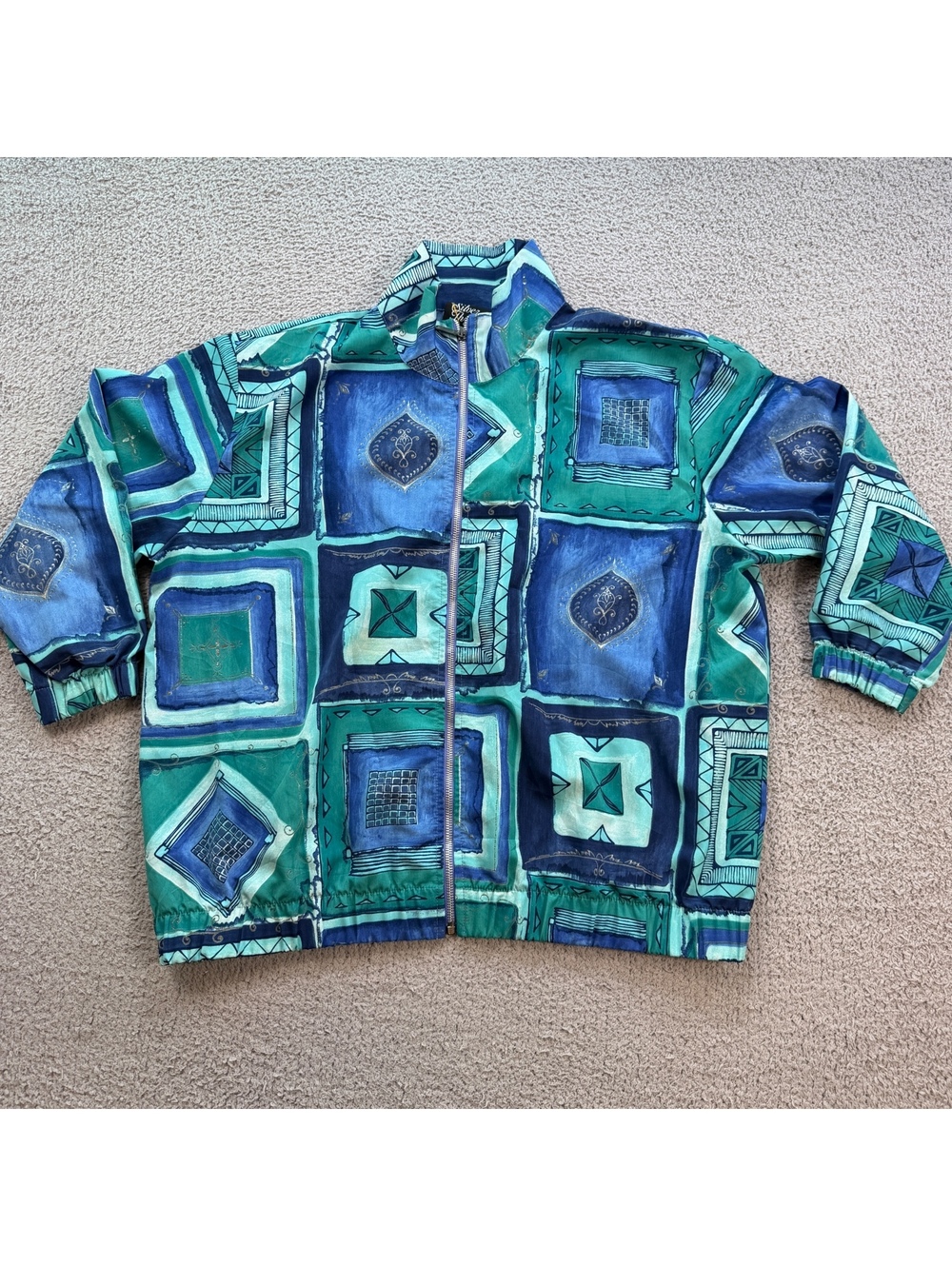 Vintage 90s Silver Threads LTD Geometric Abstract Bomber Jacket USA Made 1X